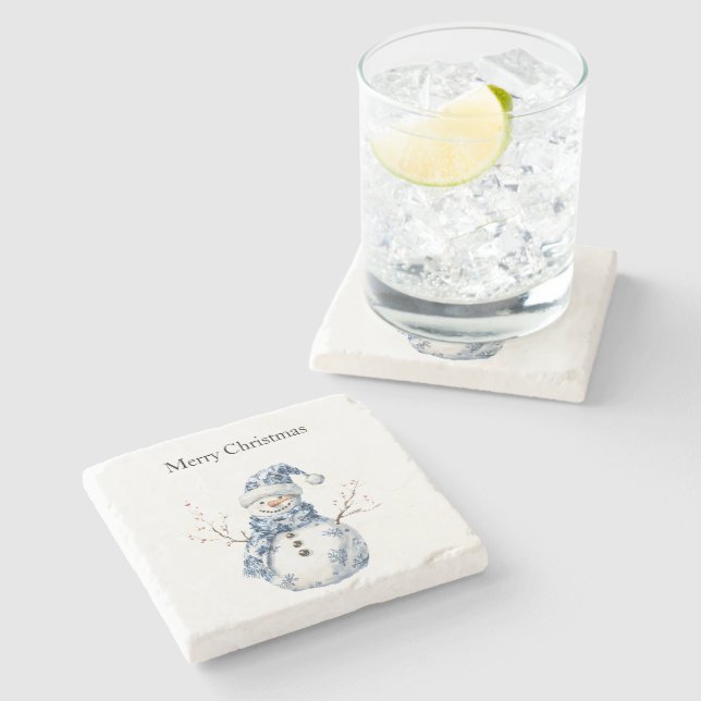 Chic Blue White Snowman Christmas Stone Coaster (Side)
