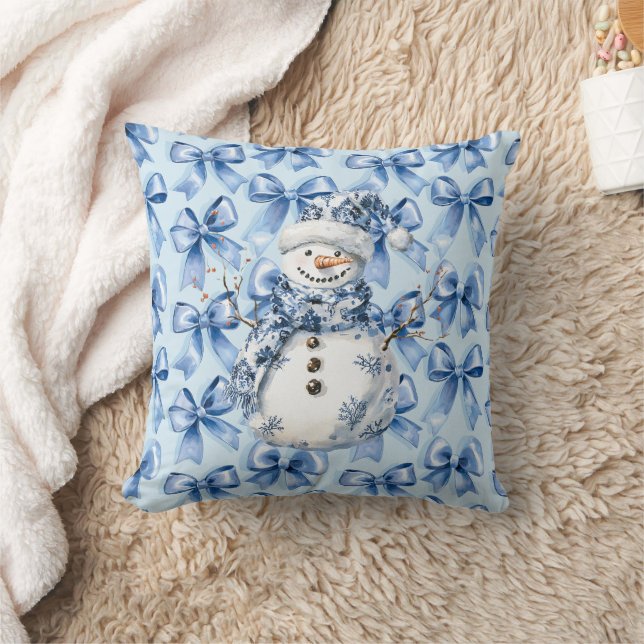 Chic Blue White Snowman Christmas Throw Pillow (Blanket)
