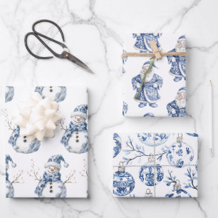 Chic Blue White Snowman Santa Christmas Wrapping Paper Sheets