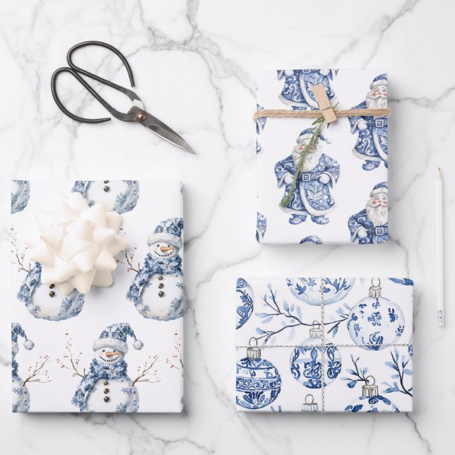 Chic Blue White Snowman Santa Christmas Wrapping Paper Sheets (Front)