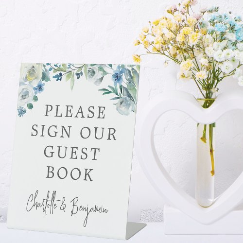 Chic Blue White Spring Floral Guest Book Pedestal Sign