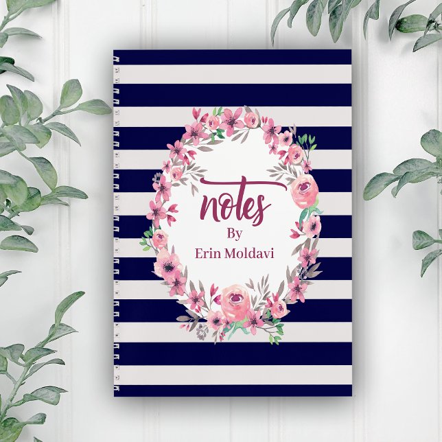 Chic Blue & White Striped  Floral Frame Journal/ Notebook (Creator Uploaded)