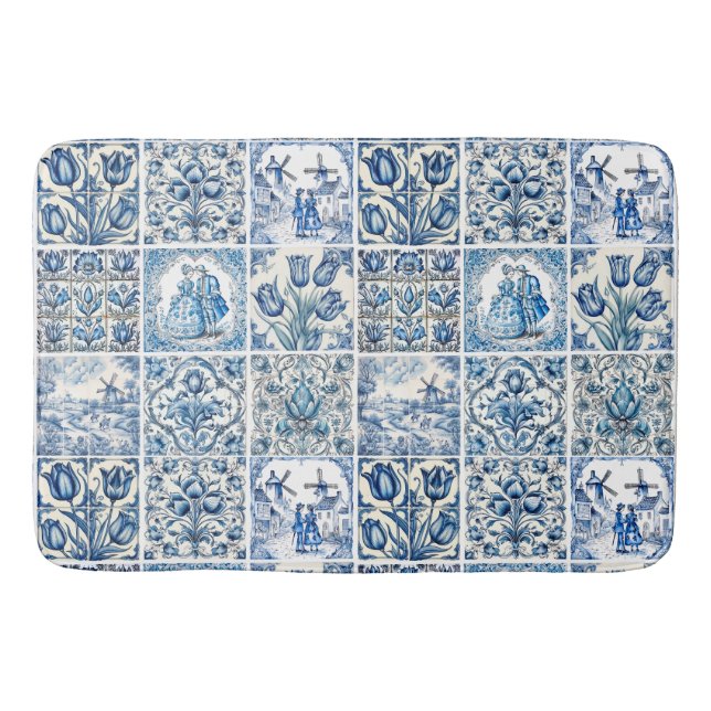 Chic Blue white toile de jouy Dolls and flowers  Bath Mat (Front)