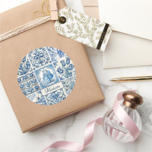 Chic Blue white toile de jouy Dolls and flowers Classic Round Sticker