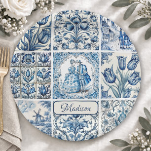 Chic Blue white toile de jouy Dolls and flowers Paper Plates