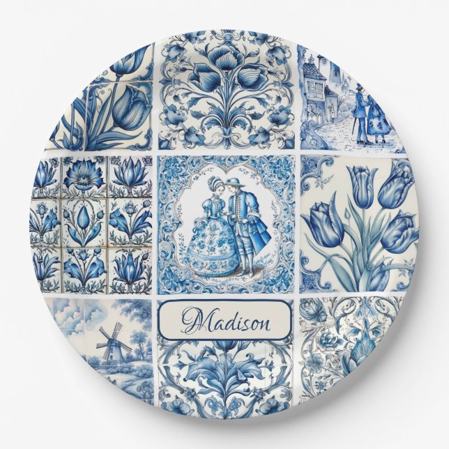 Chic Blue white toile de jouy Dolls and flowers  Paper Plates (Front)