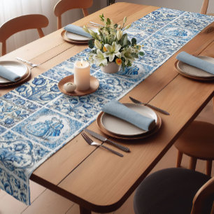 Chic Blue white toile de jouy Dolls and flowers  Short Table Runner