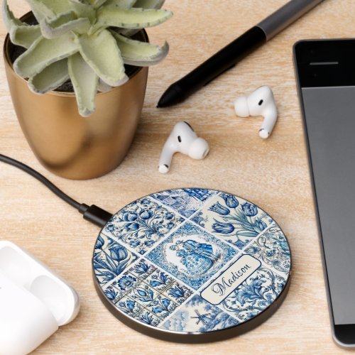 Chic Blue white toile de jouy Dolls and flowers  Wireless Charger