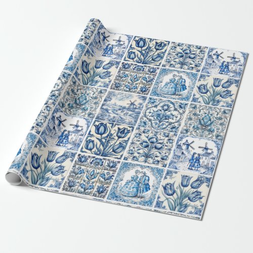 Chic Blue white toile de jouy Dolls and flowers  Wrapping Paper