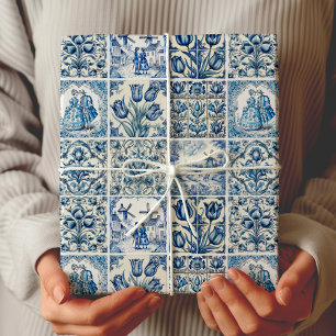 Chic Blue White Toile De Jouy Dolls Flowers Wrapping Paper