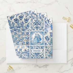 Chic Blue white toile monogram Pocket Folder