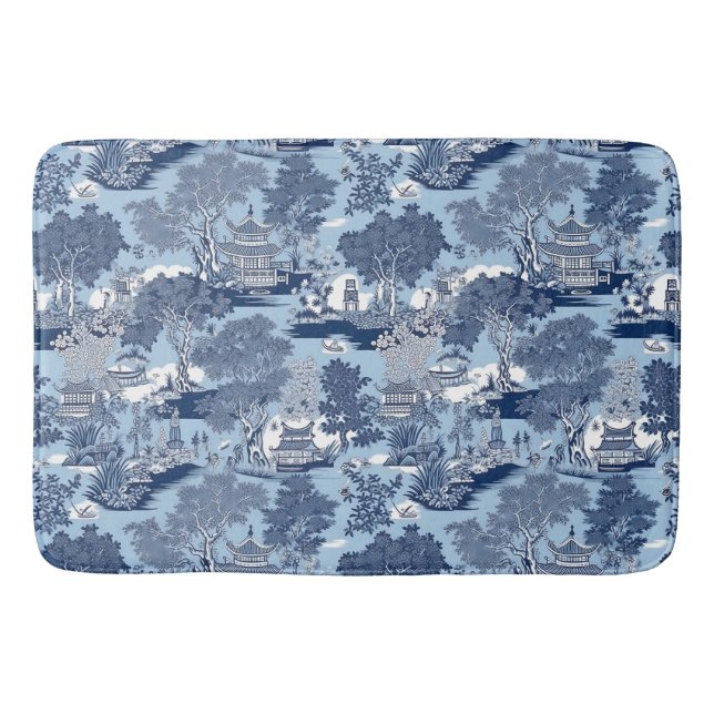Chic Blue white willow chinoiserie cottage  Bath Mat (Front)