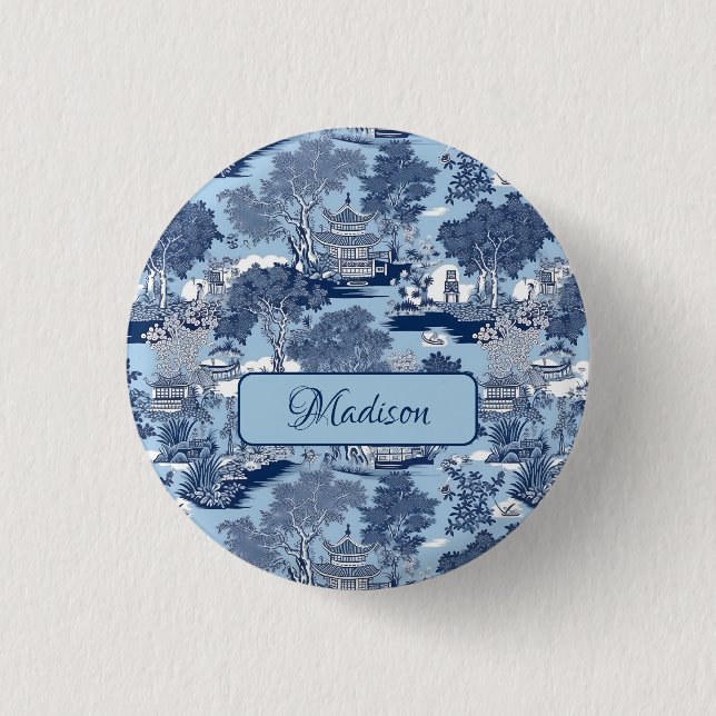 Chic Blue white willow chinoiserie cottage  Button (Front)