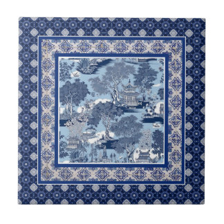Chic Blue white willow chinoiserie toile monogram Ceramic Tile