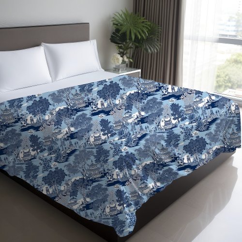 Chic Blue white willow chinoiserie toile monogram Duvet Cover