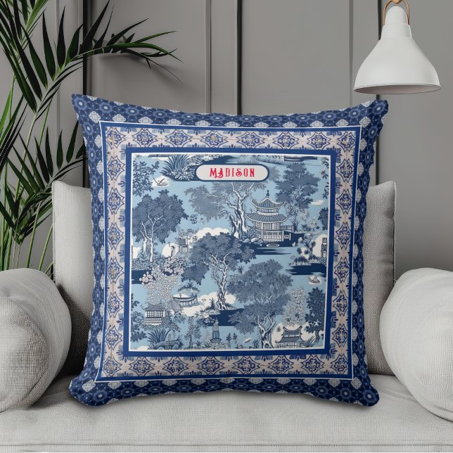 Chic Blue white willow chinoiserie toile monogram Throw Pillow (Creator Uploaded)
