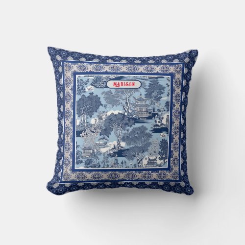 Chic Blue white willow chinoiserie toile monogram Throw Pillow