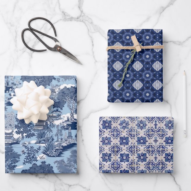 Chic Blue white willow chinoiserie toile  Wrapping Paper Sheets (Front)