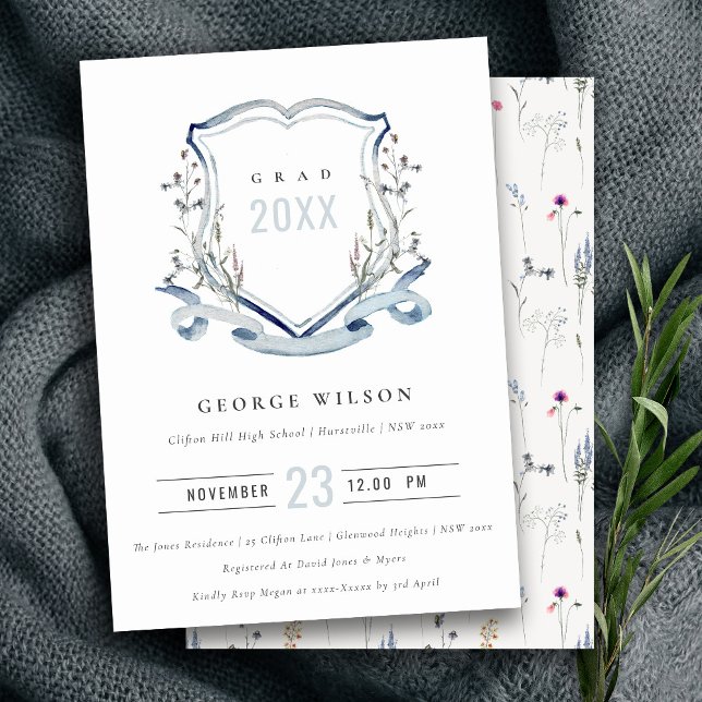 Chic Blue Wildflower Watercolor Crest Graduation Invitation (Creator Uploaded)