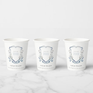 Chic Blue Wildflower Watercolor Crest Graduation Paper Cups