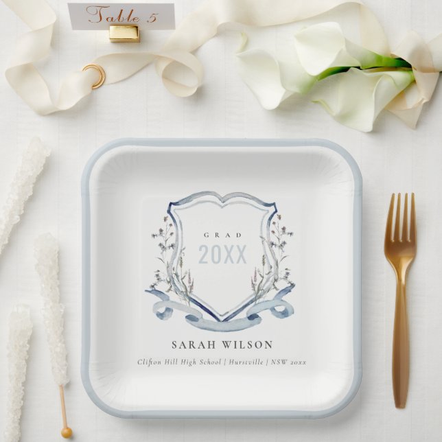 Chic Blue Wildflower Watercolor Crest Graduation Paper Plates (Wedding)
