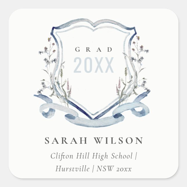 Chic Blue Wildflower Watercolor Crest Graduation Square Sticker (Front)