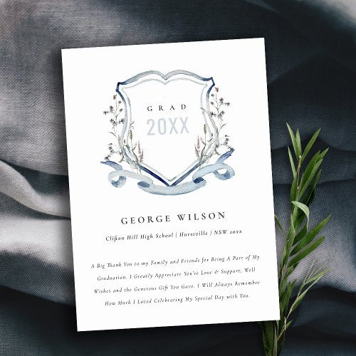Chic Blue Wildflower Watercolor Crest Graduation Thank You Card