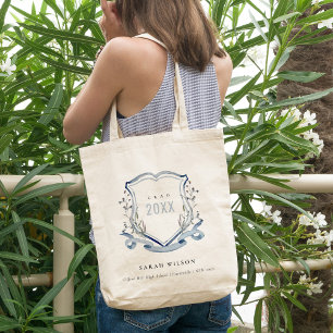Chic Blue Wildflower Watercolor Crest Graduation Tote Bag