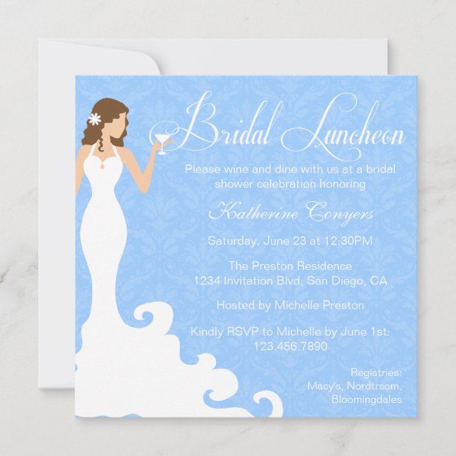 Chic Blue Wine Damask Bridal Luncheon Invitation (Front)
