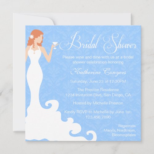 Chic Blue Wine Damask Bridal Shower Invitation
