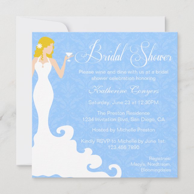 Chic Blue Wine Damask Bridal Shower Invitation (Front)