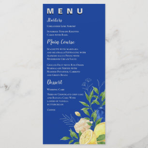 Chic Blue Yellow Floral Lemon Summer Wedding Party Menu