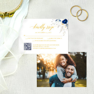 Chic Blue Yellow Floral Wedding QR Code RSVP Card