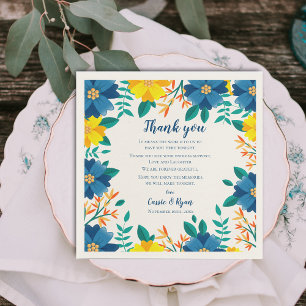 Chic Blue Yellow Floral Wedding Thank you Message Napkins