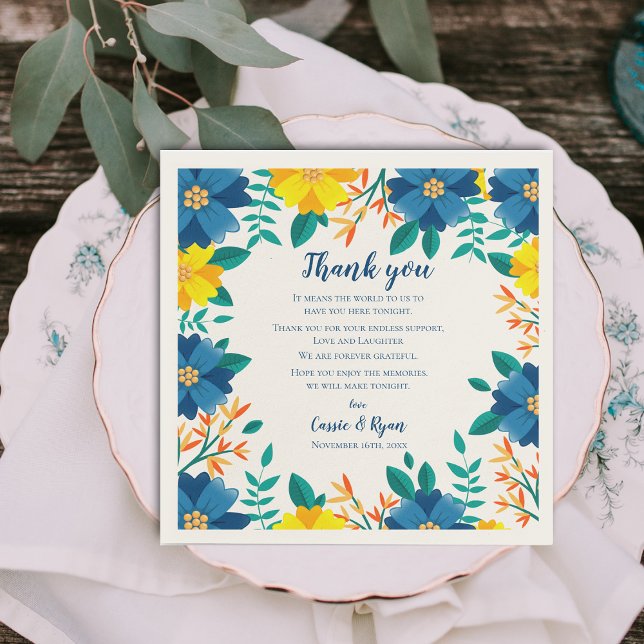 Chic Blue Yellow Floral Wedding Thank you Message Napkins (Chic Blue Yellow Floral Wedding Thank you Message Napkins)