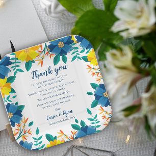 Chic Blue Yellow Floral Wedding Thank you Message Paper Plates