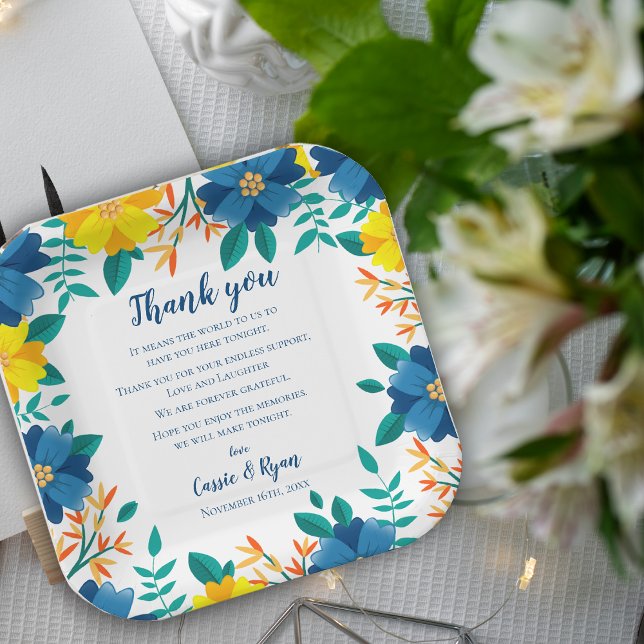 Chic Blue Yellow Floral Wedding Thank you Message Paper Plates (Chic Blue Yellow Floral Wedding Thank you Message Paper Plates)