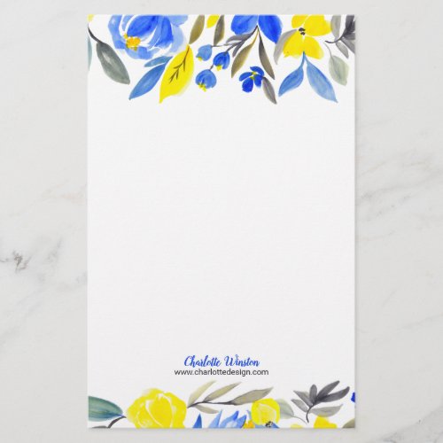 Chic blue yellow loose floral watercolor flowers stationery