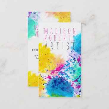 Chic blue yellow pink abstract watercolor splatter business card