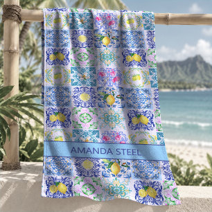 Chic Blue Yellow Sicilian Amalfi Tile Pattern Beach Towel
