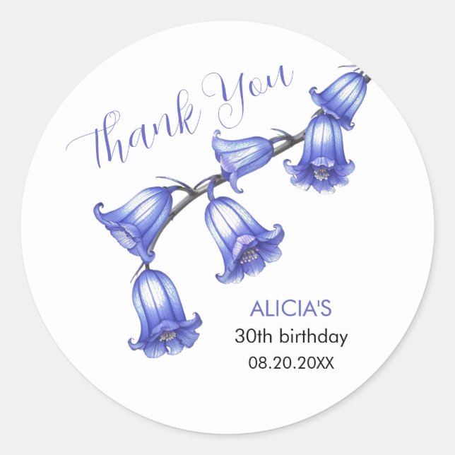 Chic Bluebell Flower Blossom Birthday Thank You Classic Round Sticker (Front)