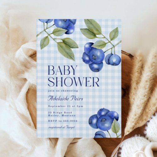 Chic Blueberry Gingham Boy Baby Shower Invitation