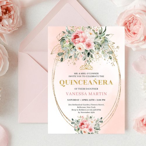 Chic Blush and Gold Boho Quinceañera Invitation