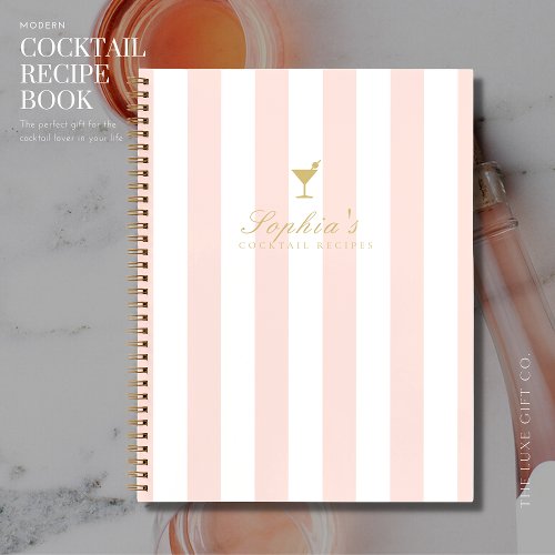 Chic Blush and Gold Stripe Blank Cocktail Recipe Notebook