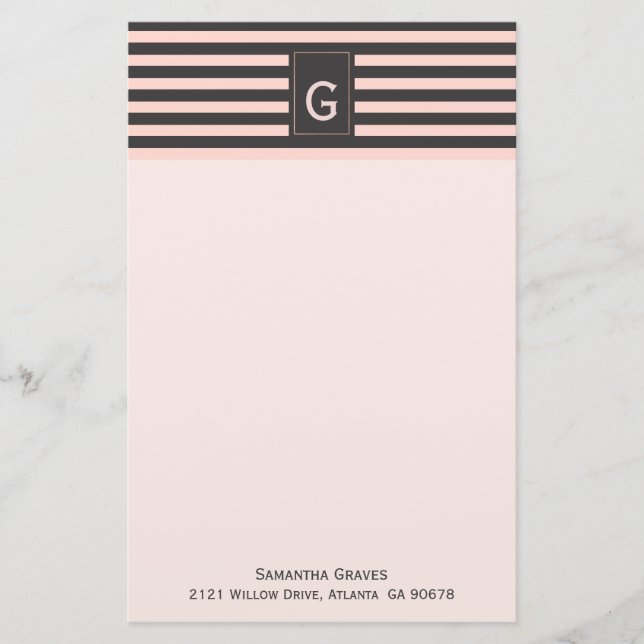 Chic Blush and Gray Monogrammed Stationery (Front)