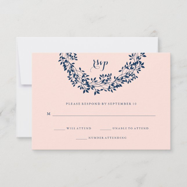 Chic Blush and Navy Botanical Wreath RSVP (Front)