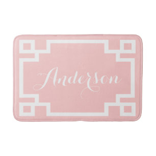 Chic Blush and White Greek Key Custom Monogram Bathroom Mat