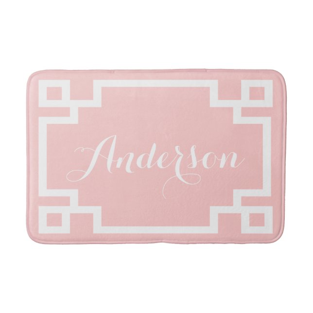 Chic Blush and White Greek Key Custom Monogram Bathroom Mat (Front)