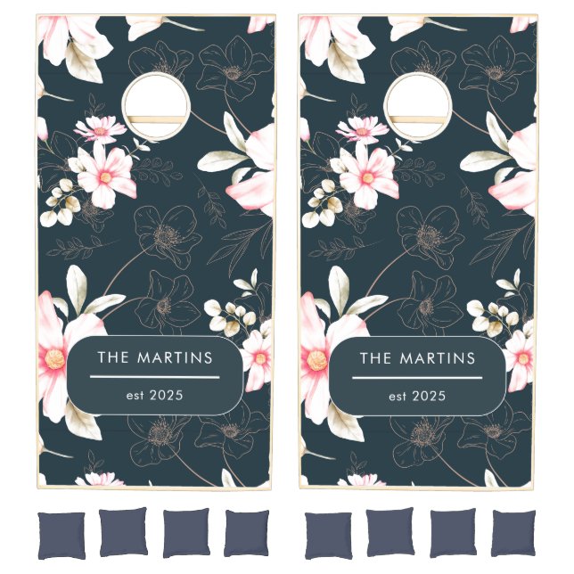Chic Blush Blue Floral Wedding Cornhole Set (Set)