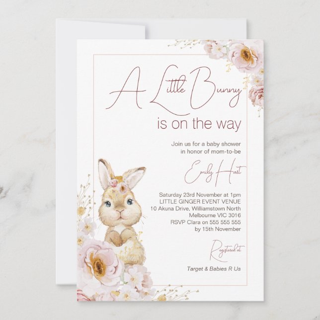 Chic Blush Boho Floral Bunny Baby Shower  Invitation (Front)